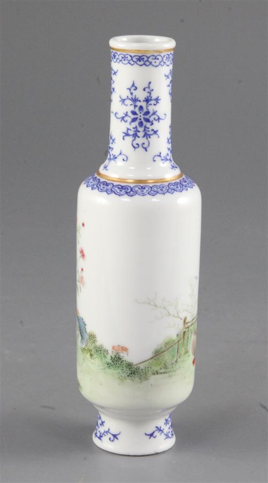 A Chinese famille rose small cylindrical vase, Qianlong mark, Republic period, 16cm